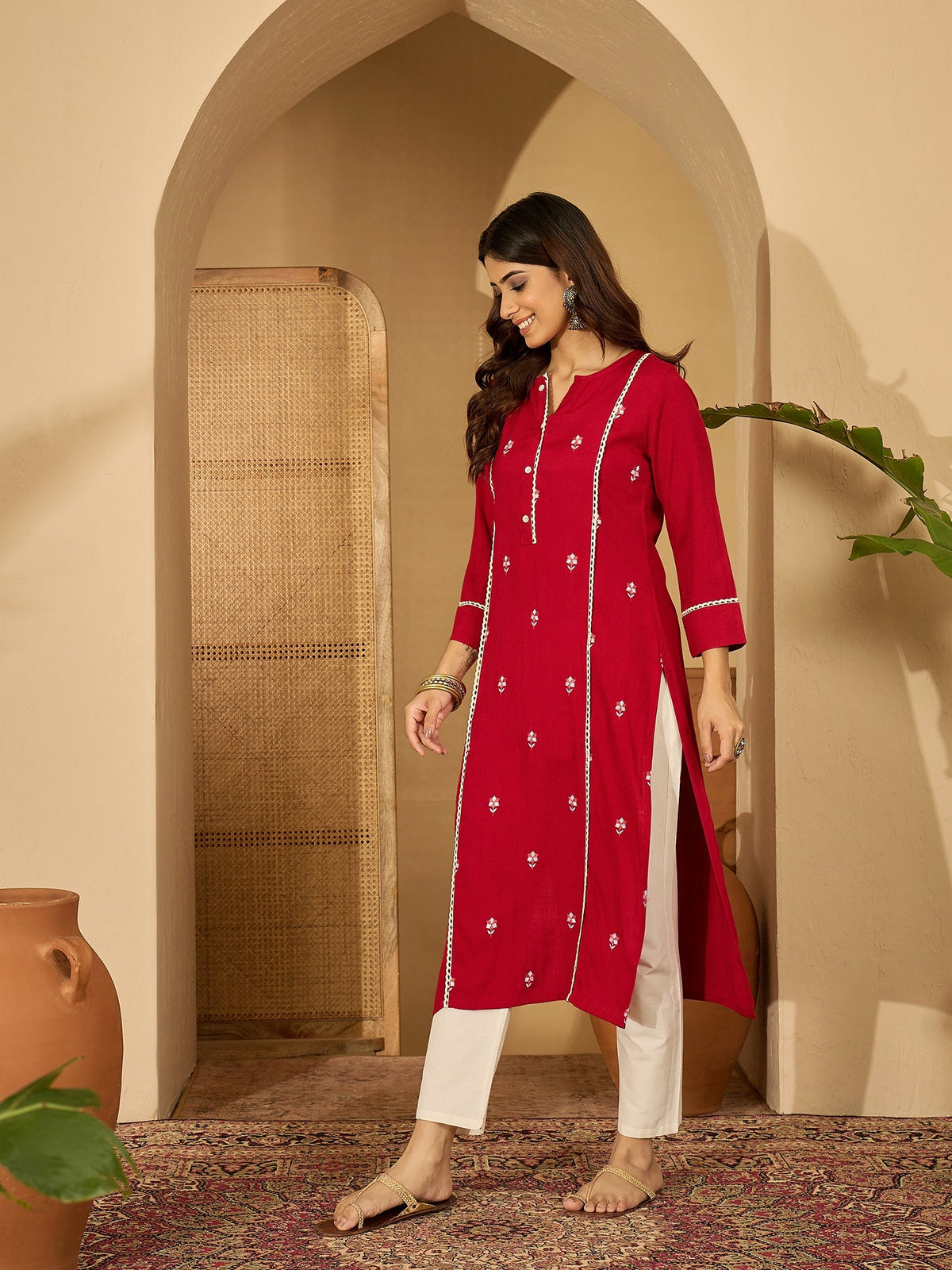 Red Viscose Rayon Embroidered Tunic Festive Kurti