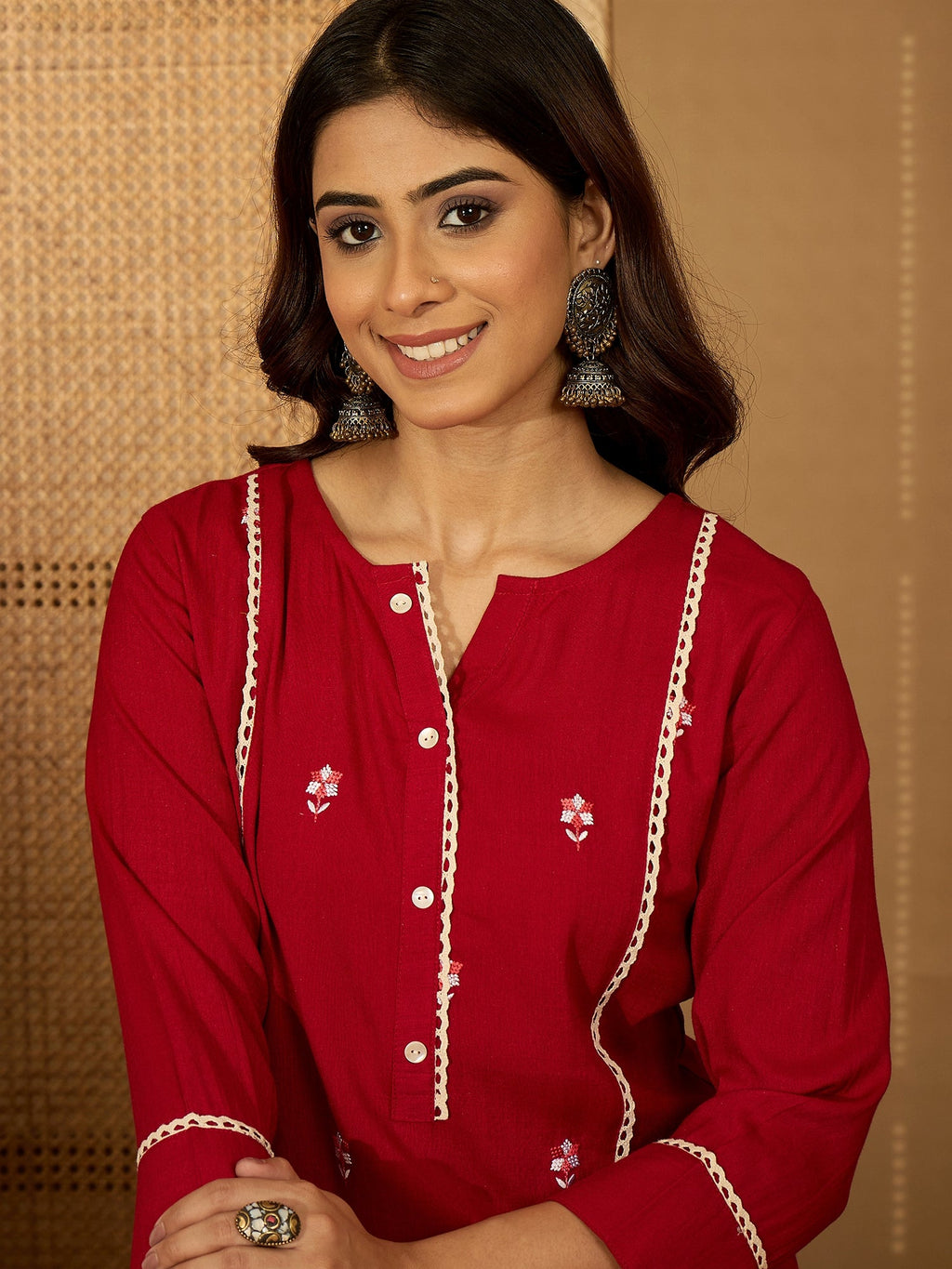 Red Viscose Rayon Embroidered Tunic Festive Kurti