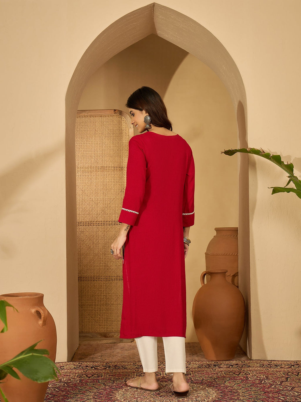 Red Viscose Rayon Embroidered Tunic Festive Kurti
