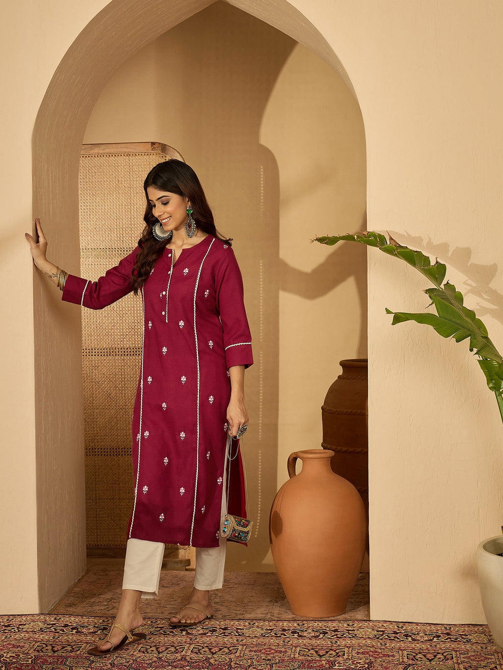 Maroon Viscose Rayon Embroidered Tunic Festive Kurti
