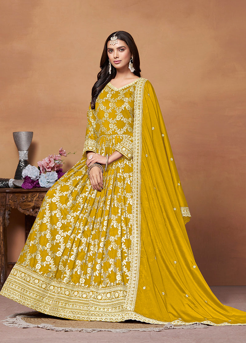 Mustard Embroidered Silk Partywear Salwar Suit