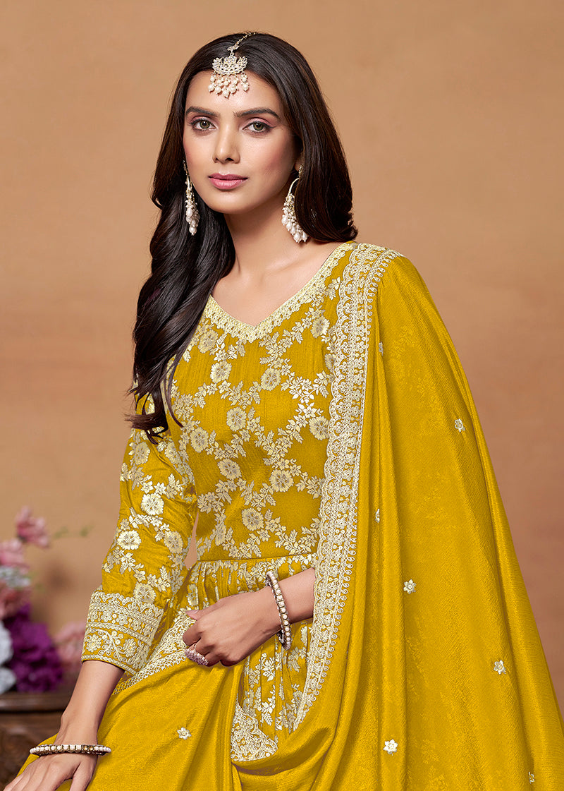 Mustard Embroidered Silk Partywear Salwar Suit