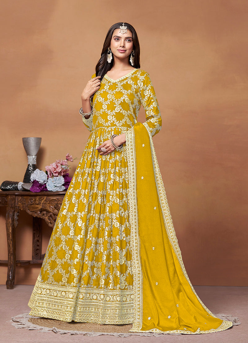 Mustard colored silk salwar suit with zari thread embroidery