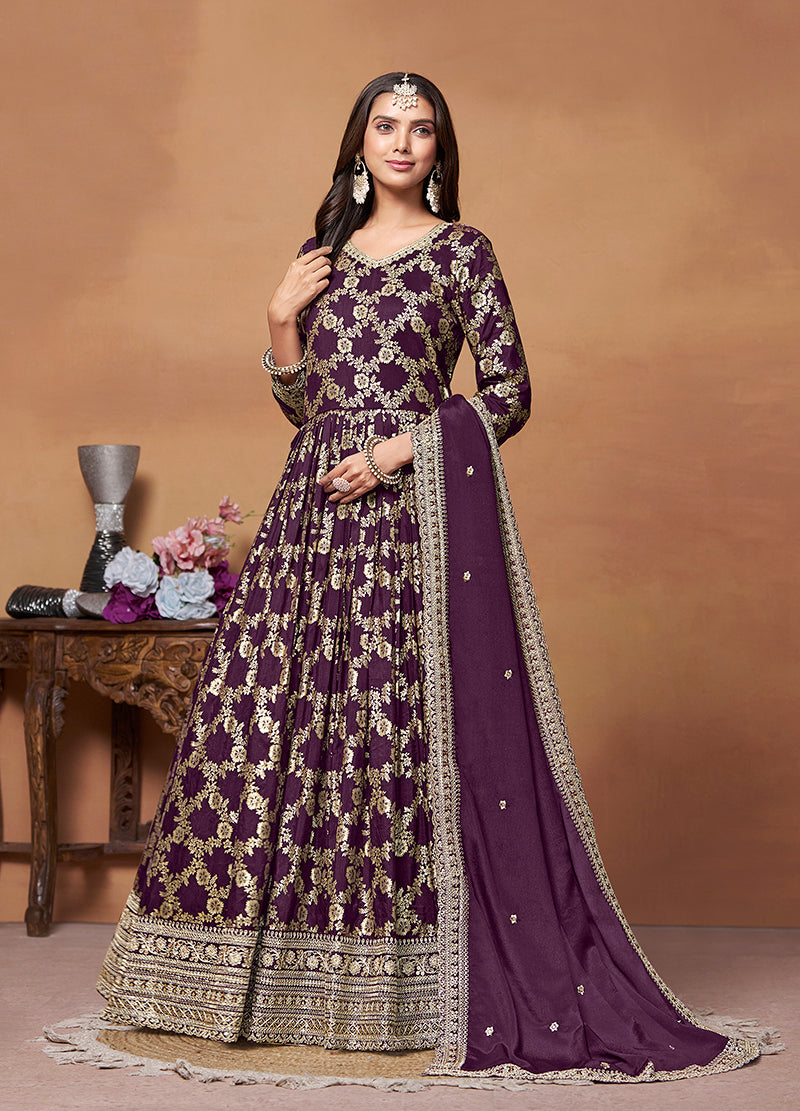 Monjolika Fashion Dark-Purple Color Embroidered Santoon Silk Salwar Suit
