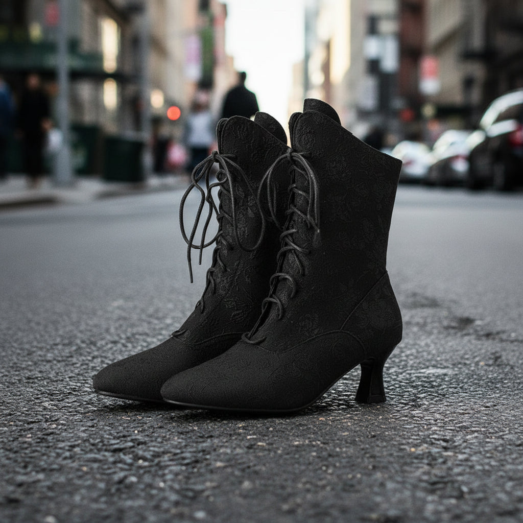 Women Pointed Toe Lace Up Kitten Heel Ankle Boots Floral Pattern