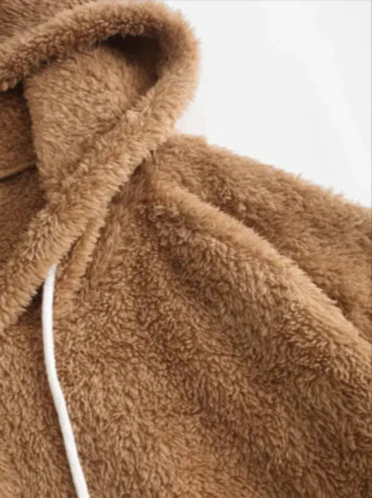 Women's Brown Fuzzy Fleece Hooded Sweatshirt Winter Pullover - Image 8