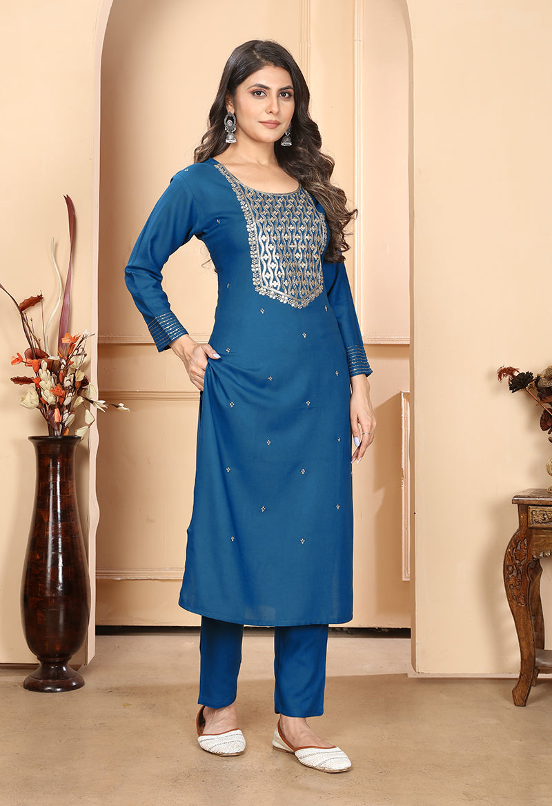 Dark Blue Embroidered Rayon Designer Long Kurti