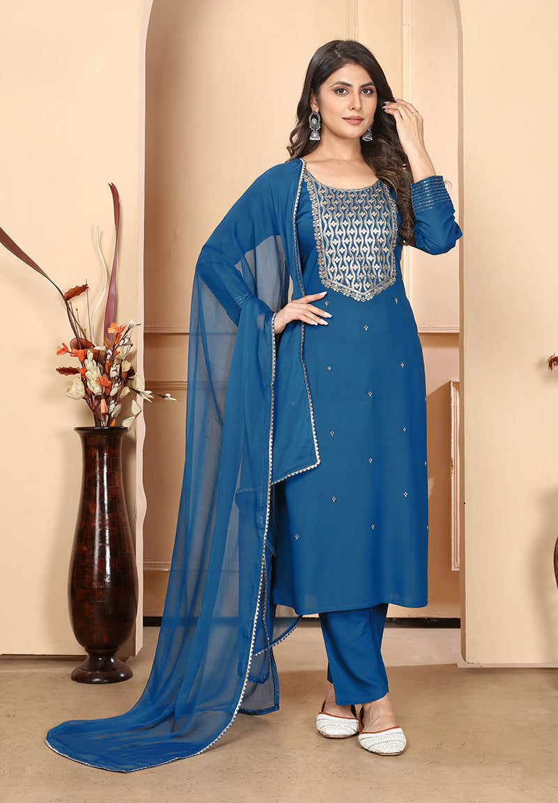 A dark blue long kurti with detailed zari embroidery on the front