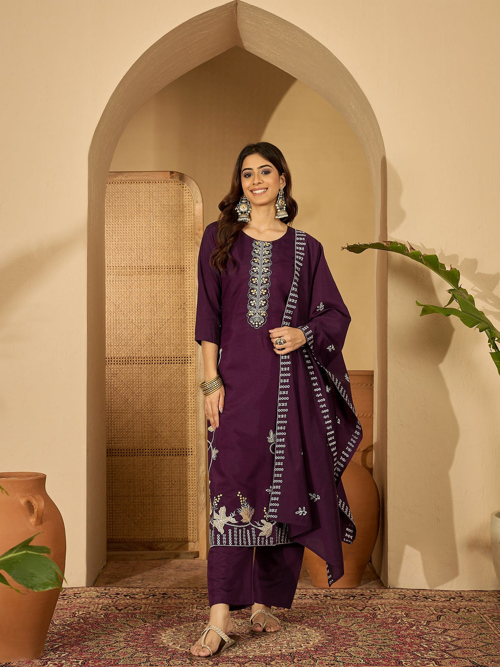 Deep Purple Silk Embroidered Kurta Set for Women