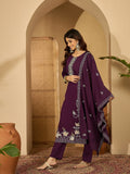 Deep purple silk kurta for women with intricate embroidery around the round neckline