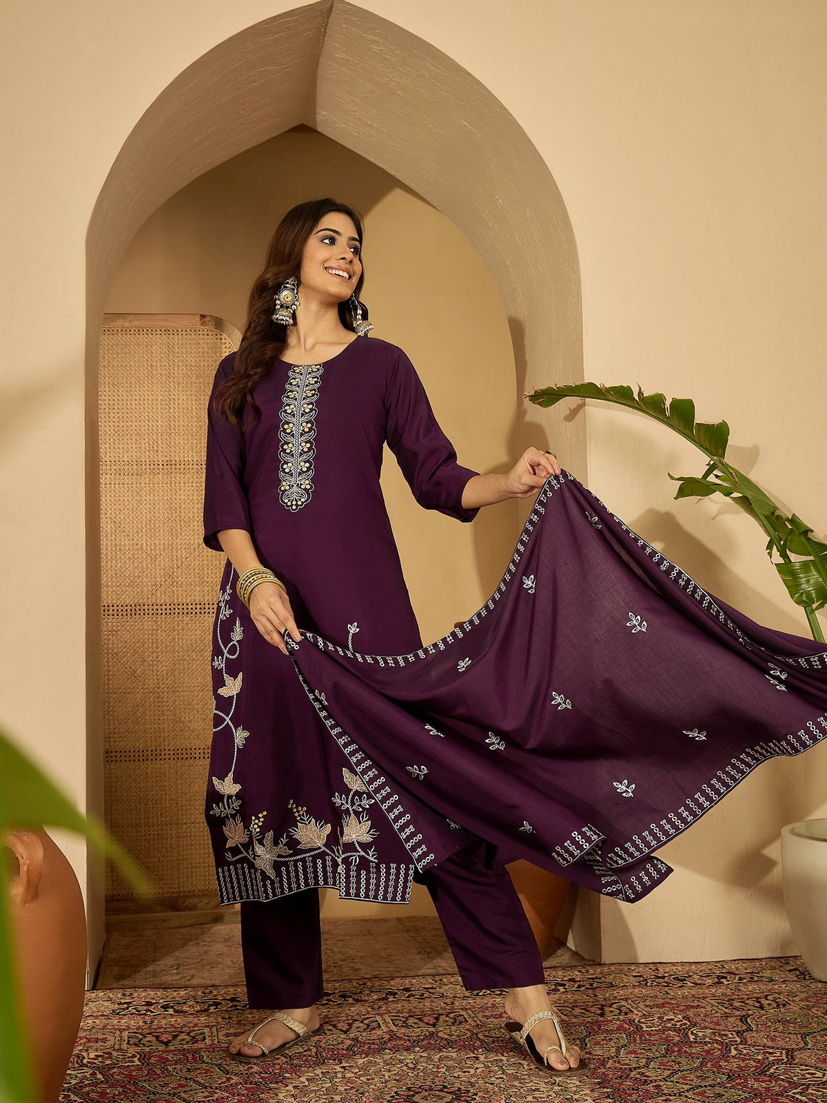 Deep Purple Silk Embroidered Kurta Set for Women