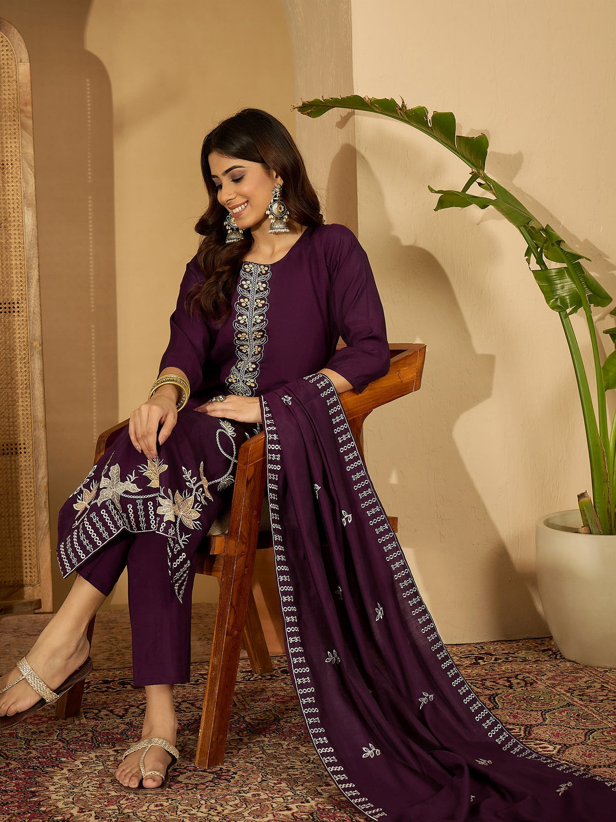 Deep Purple Silk Embroidered Kurta Set for Women
