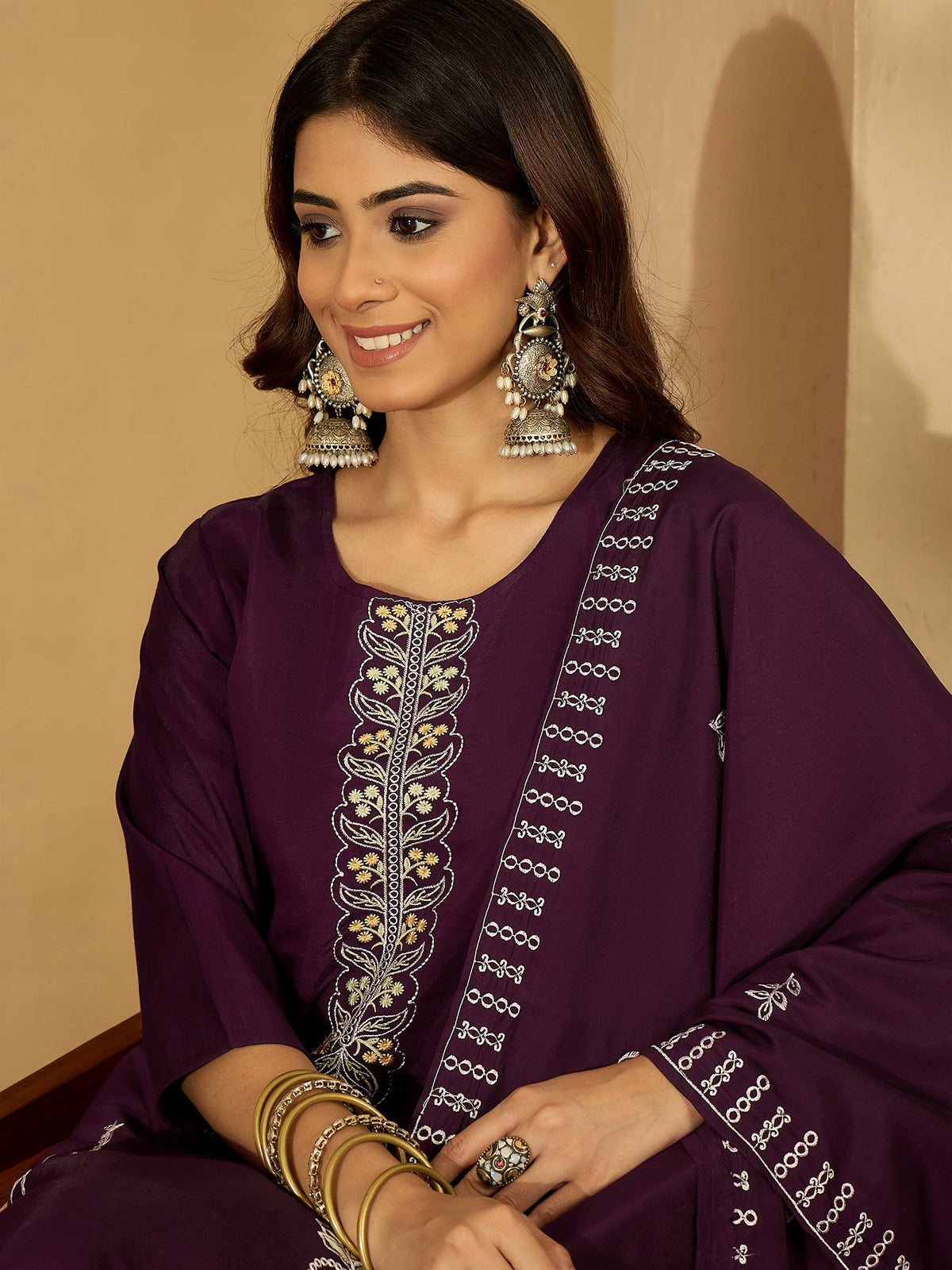 Deep Purple Silk Embroidered Kurta Set for Women