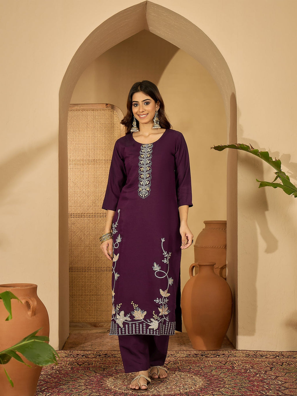 Deep Purple Silk Embroidered Kurta Set for Women