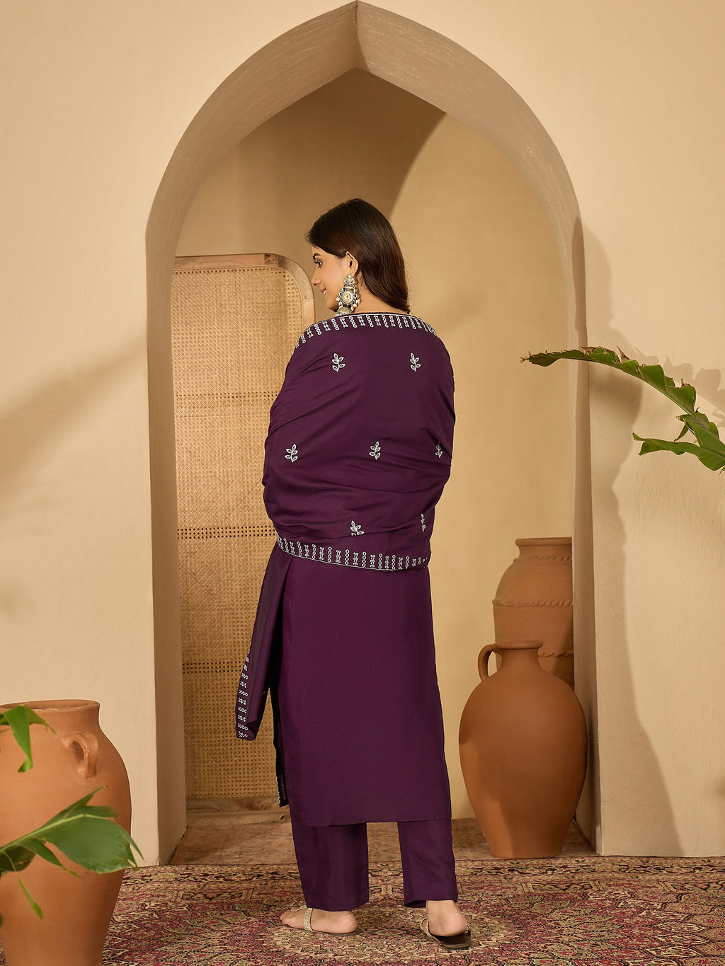 Deep Purple Silk Embroidered Kurta Set for Women