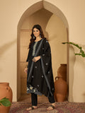 Elegant black silk kurta for women featuring intricate embroidery on the round neckline.