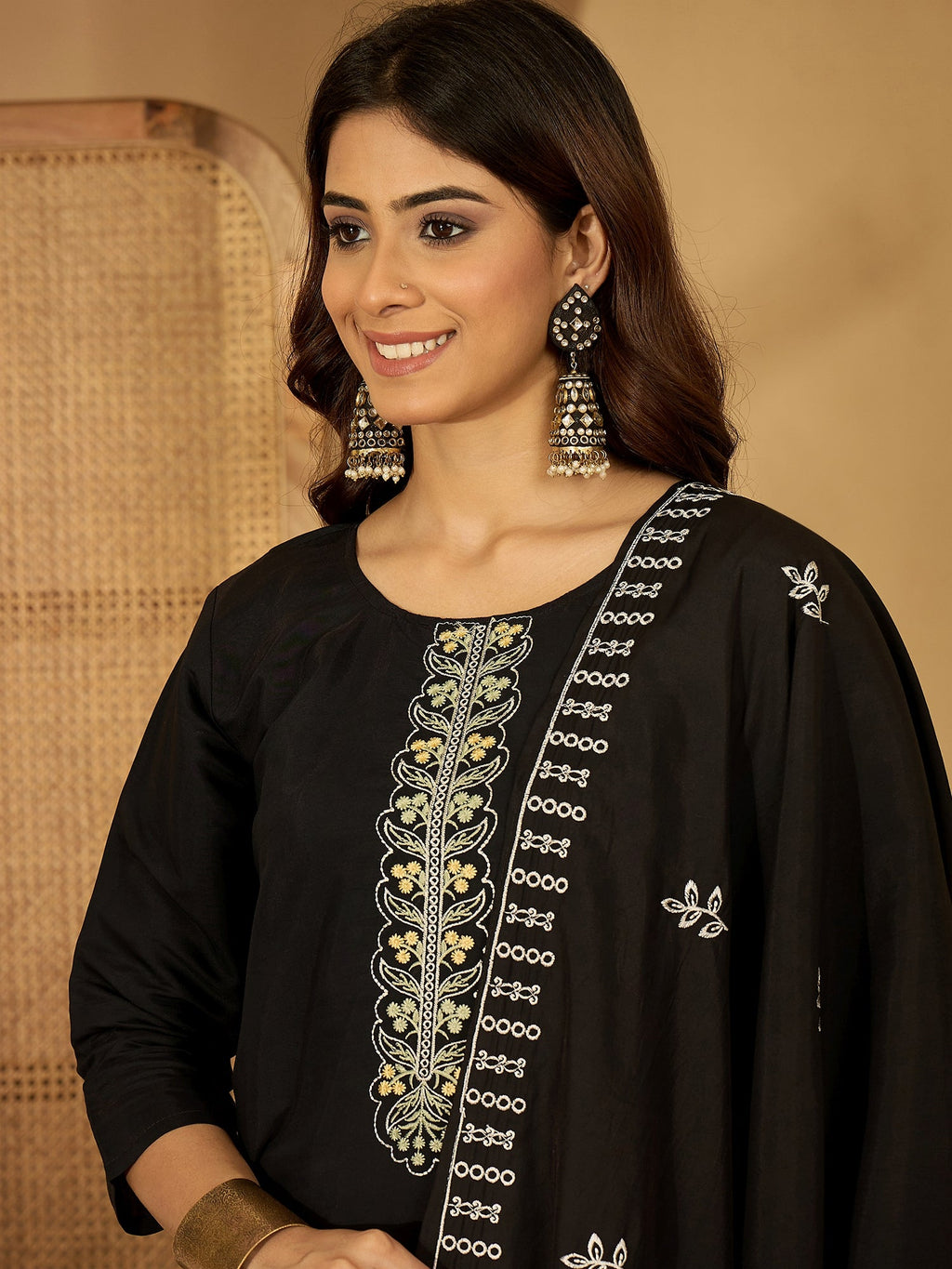 Black Silk Embroidered Kurta Set with Intricate Neckline Detail