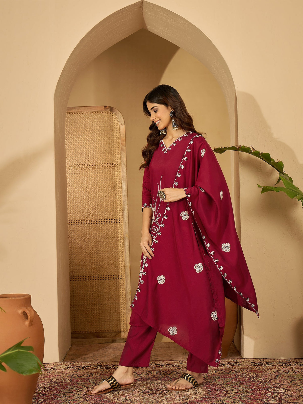 Maroon Silk Embroidered Readymade Kurta Set for Women
