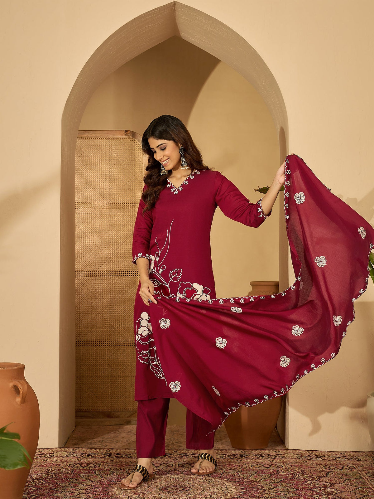 Maroon Silk Embroidered Readymade Kurta Set for Women