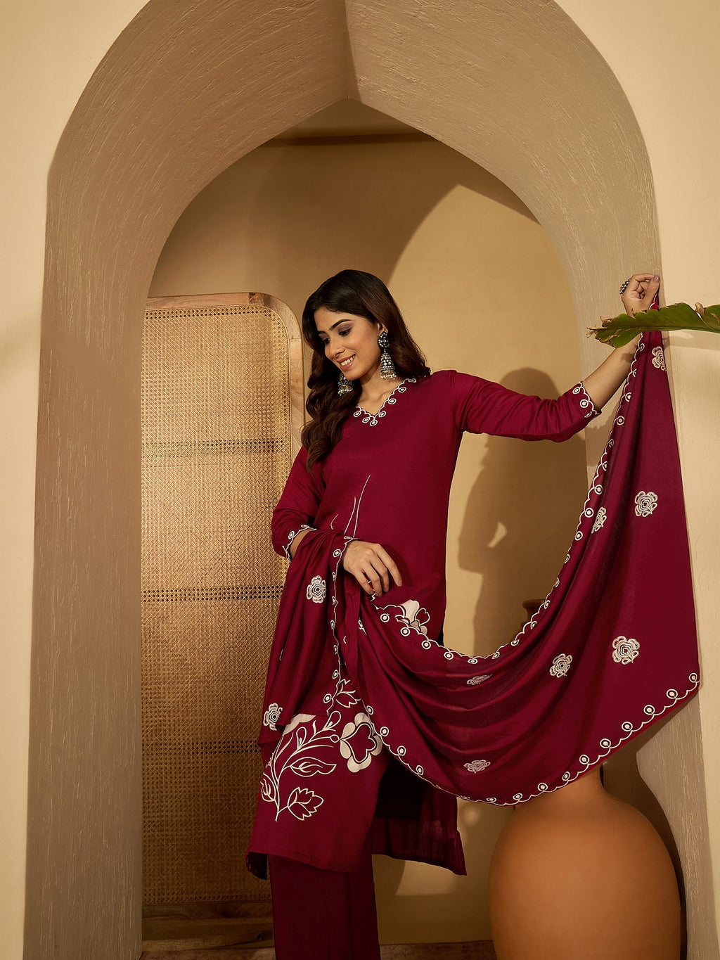 Maroon Silk Embroidered Readymade Kurta Set for Women