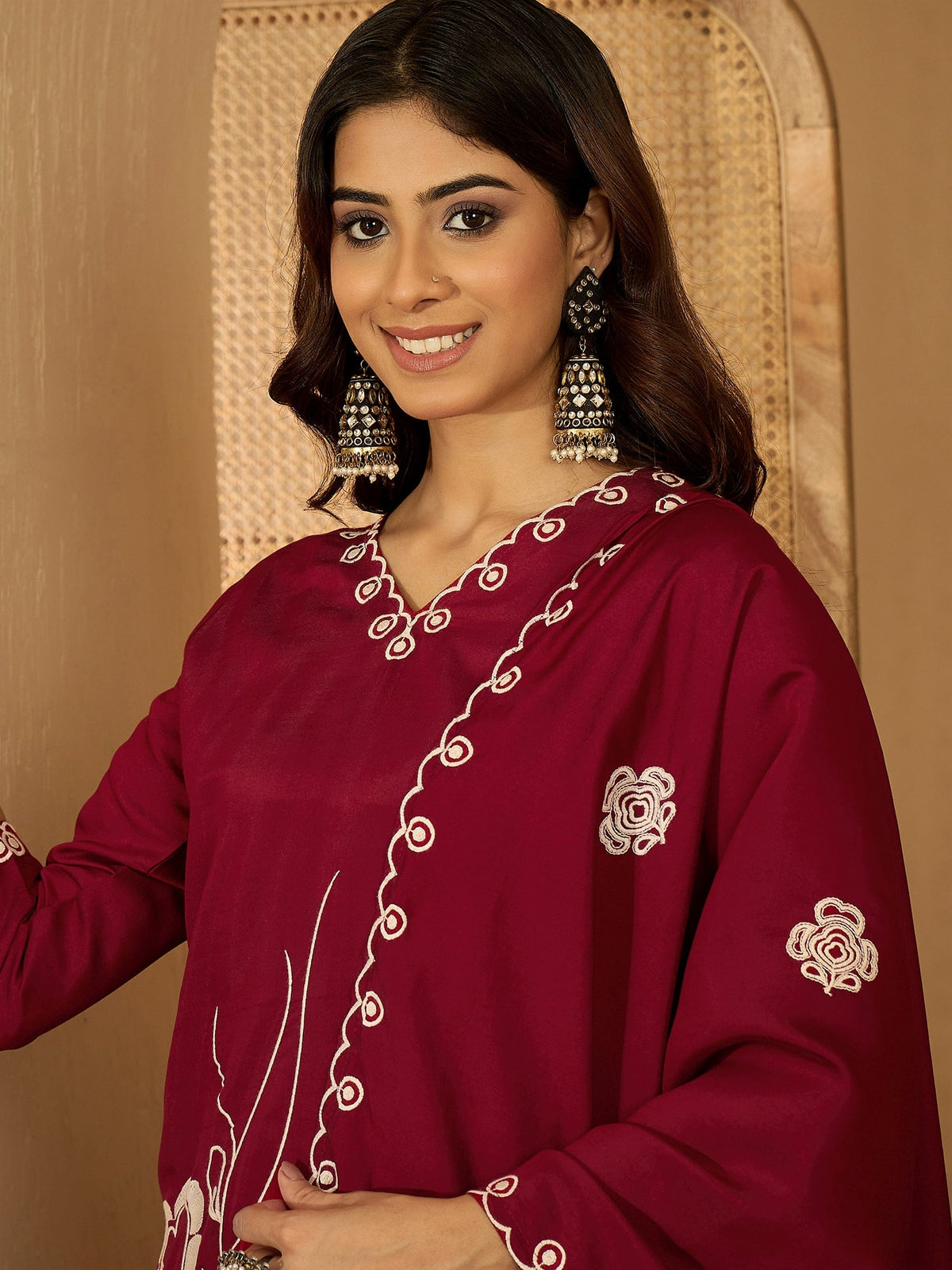 Maroon Silk Embroidered Readymade Kurta Set for Women