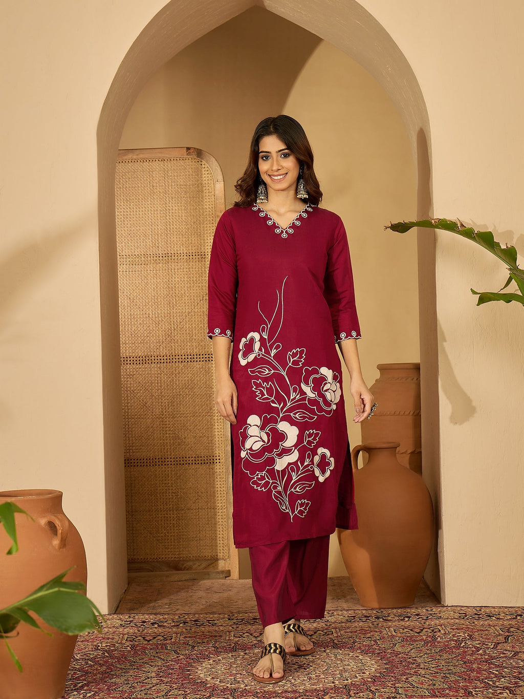 Maroon Silk Embroidered Readymade Kurta Set for Women