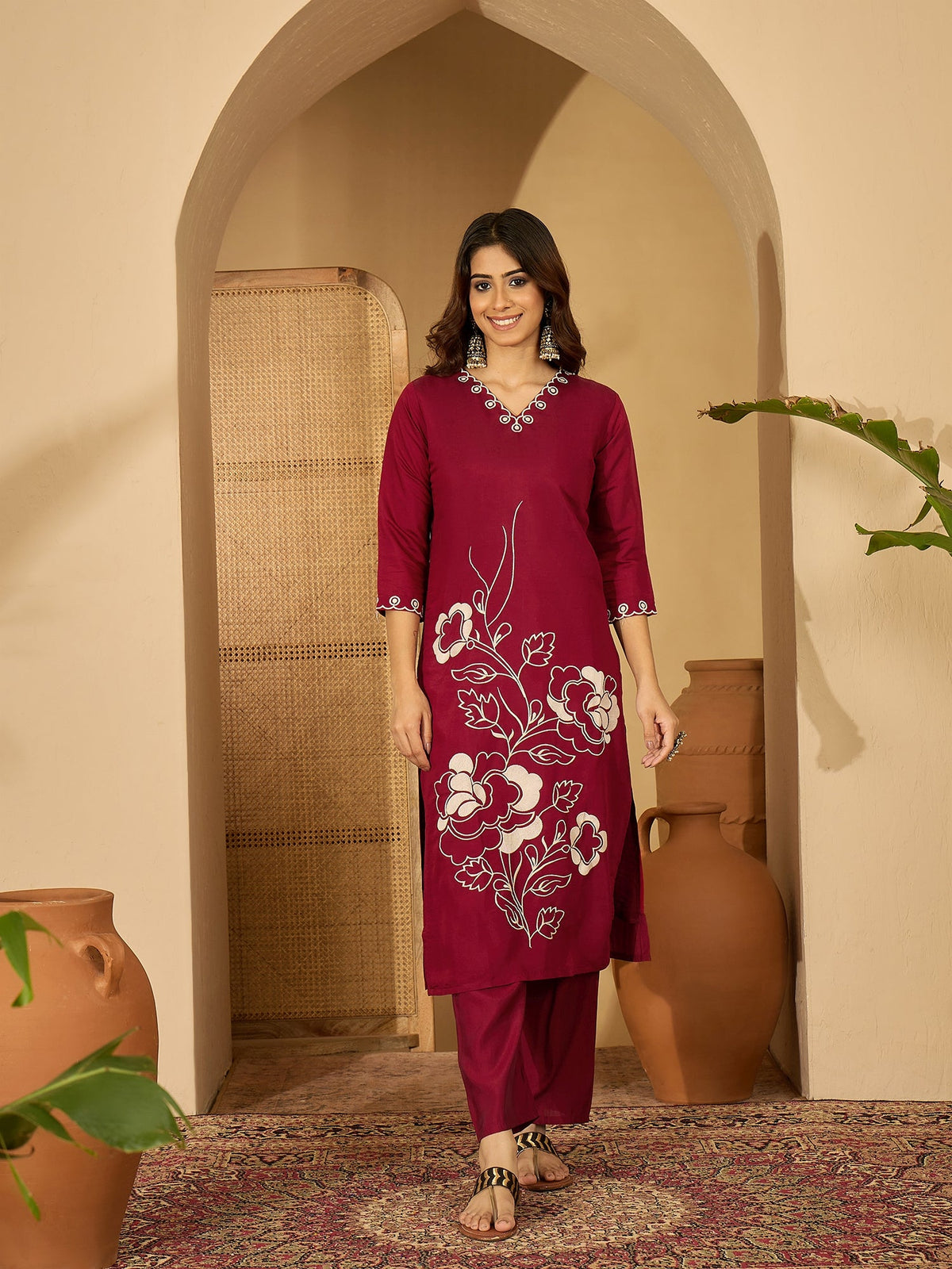 Maroon Silk Embroidered Readymade Kurta Set for Women