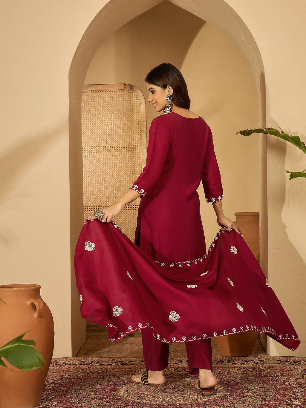 Maroon Silk Embroidered Readymade Kurta Set for Women