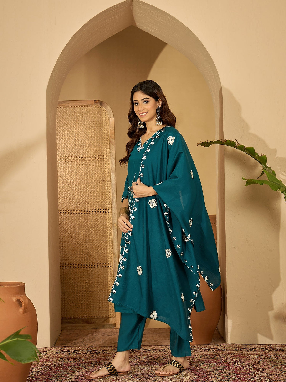Teal Silk Embroidered Kurta Set with Elegant Neckline Detail