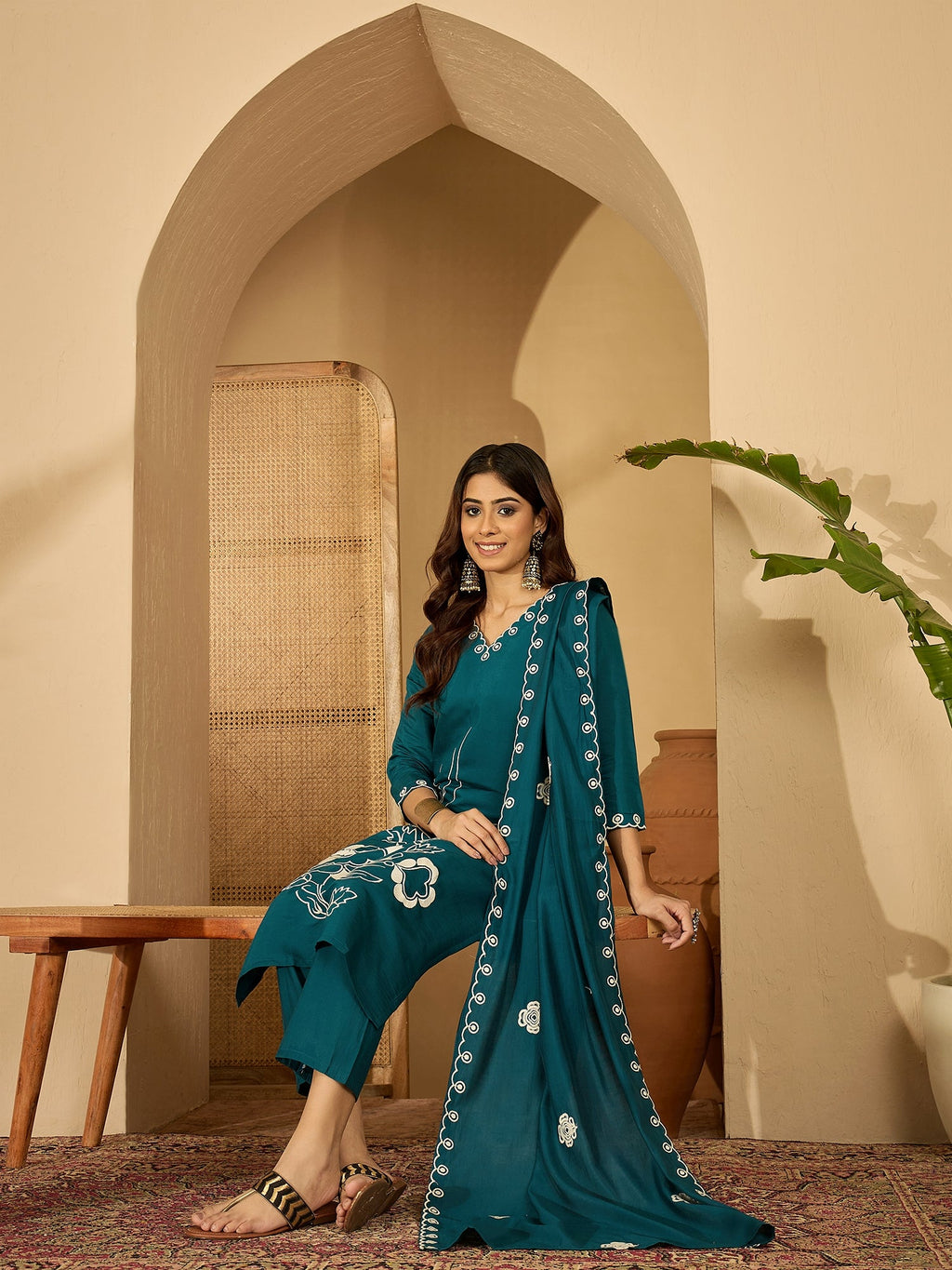 Teal Silk Embroidered Kurta Set with Elegant Neckline Detail