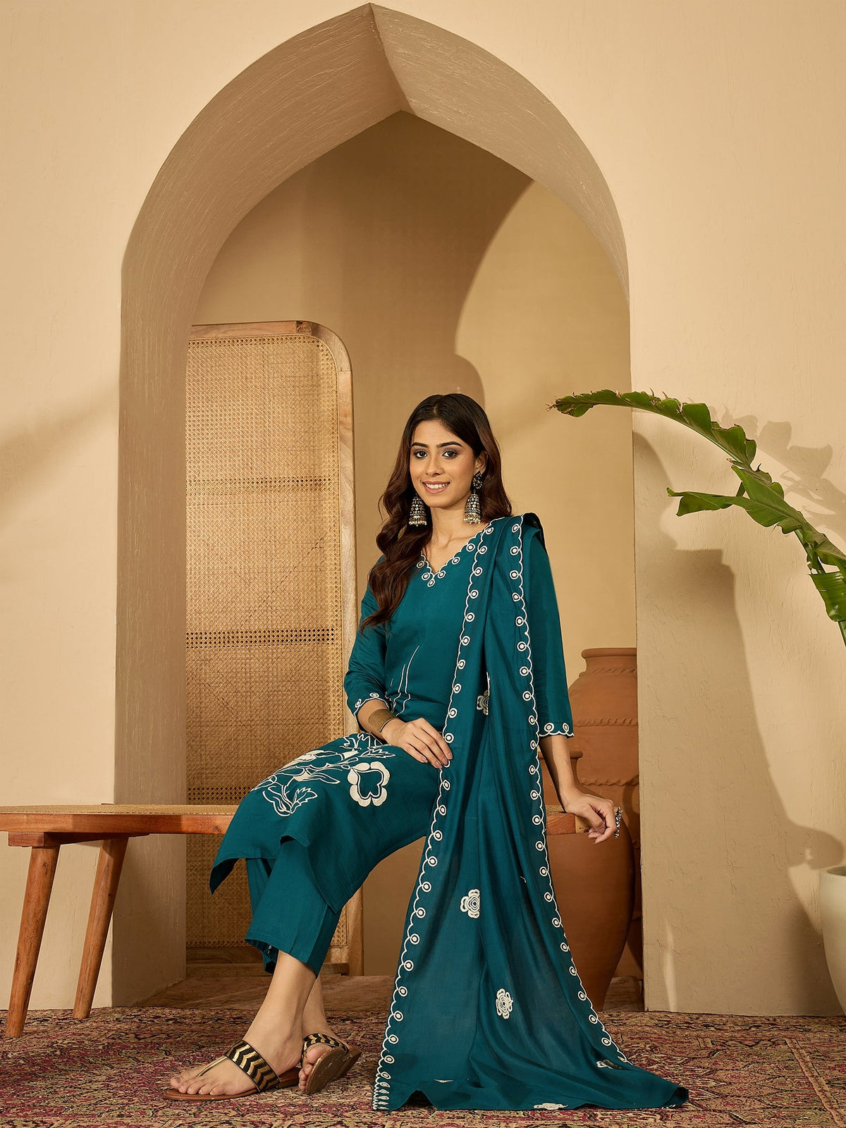 Teal Silk Embroidered Kurta Set with Elegant Neckline Detail