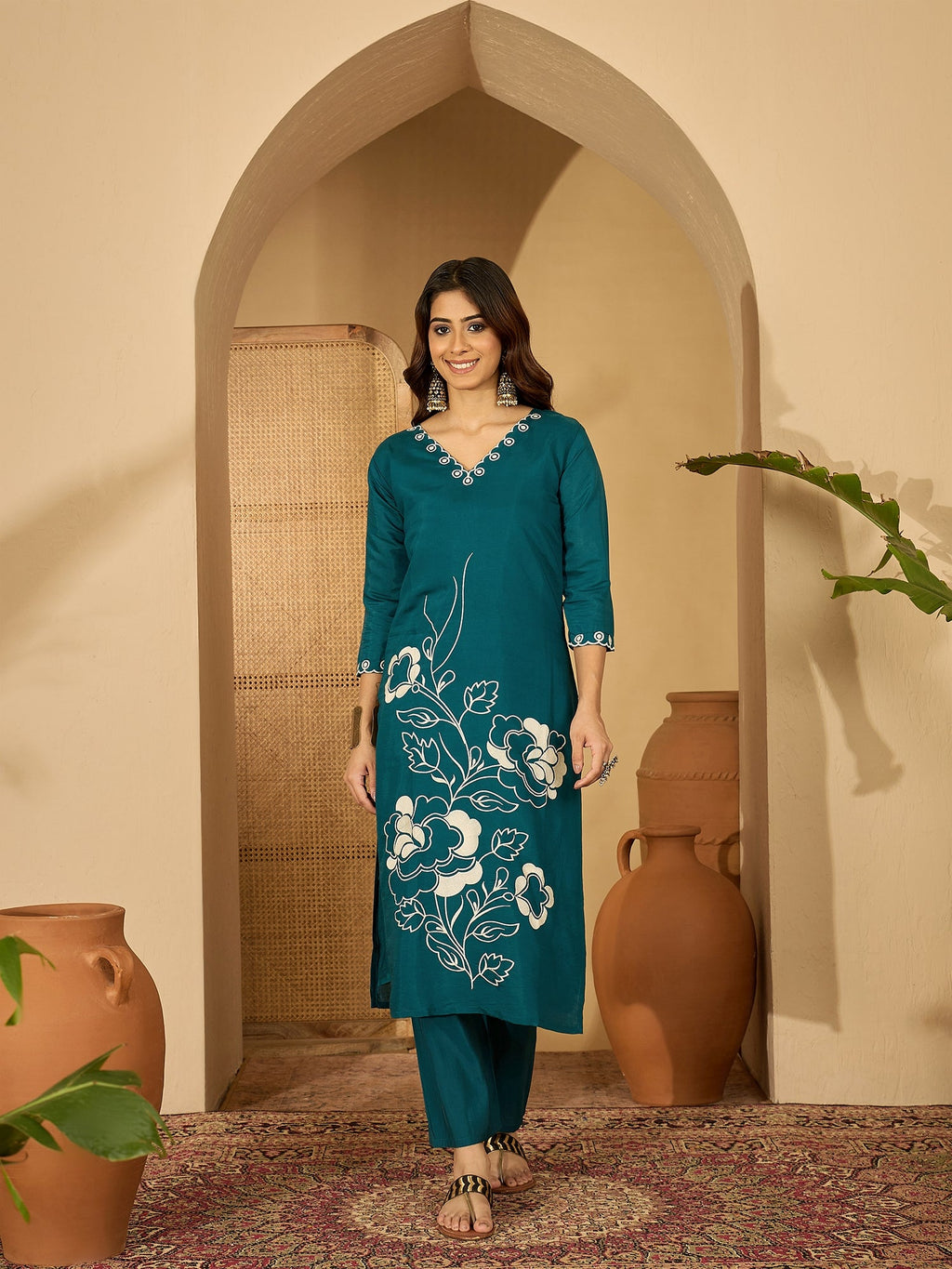 Teal Silk Embroidered Kurta Set with Elegant Neckline Detail