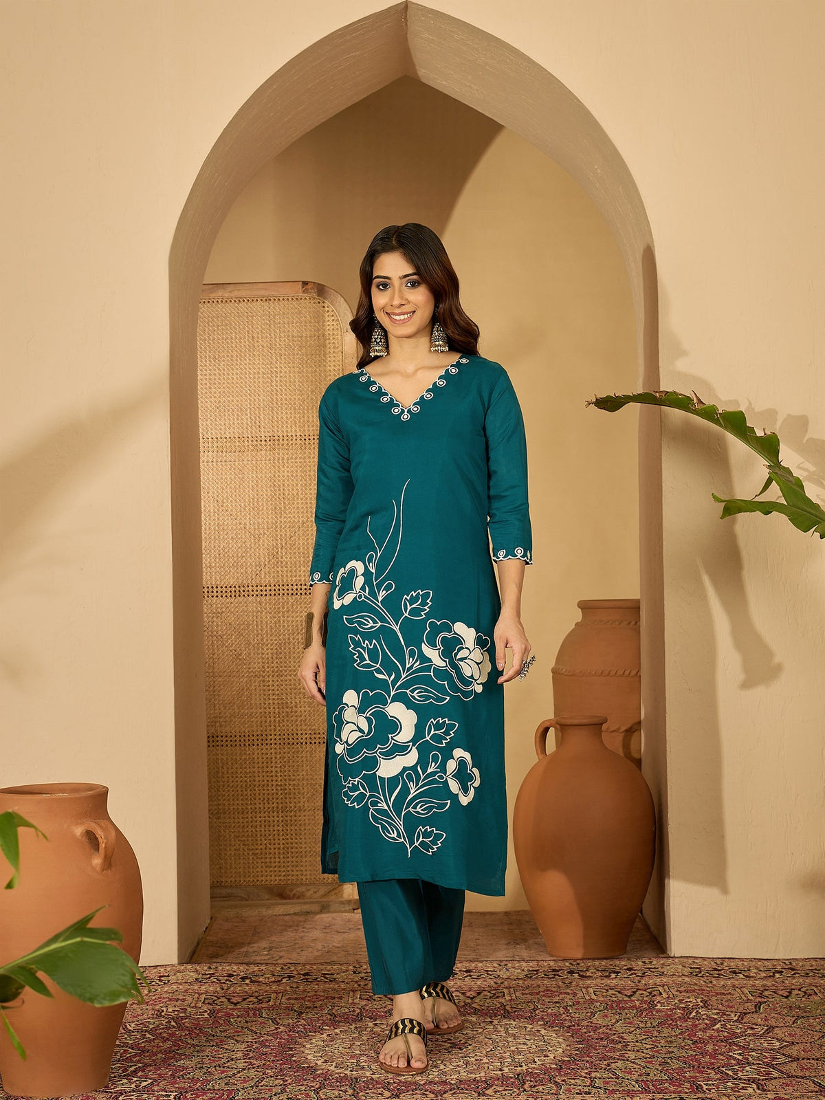 Teal Silk Embroidered Kurta Set with Elegant Neckline Detail