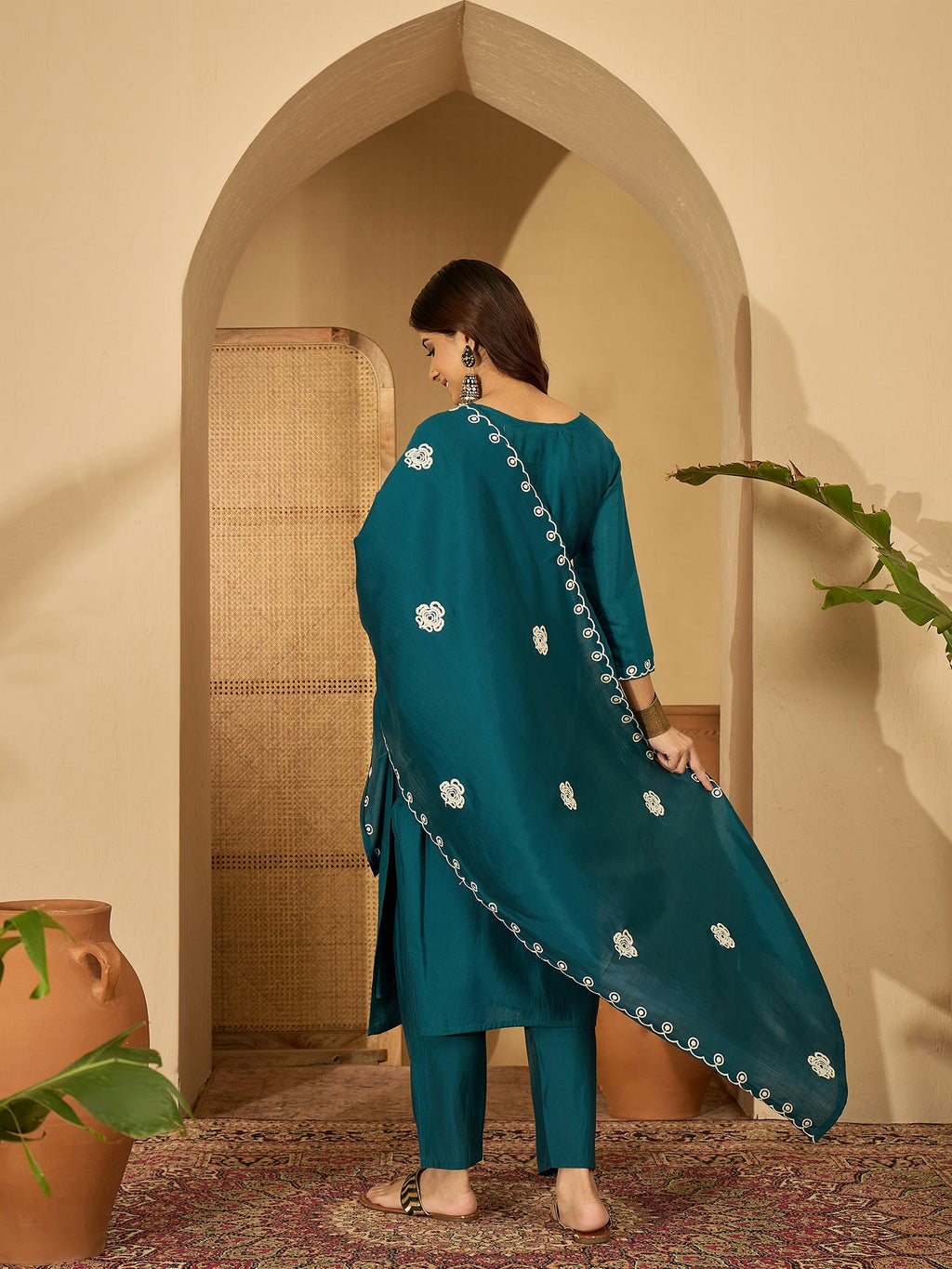 Teal Silk Embroidered Kurta Set with Elegant Neckline Detail