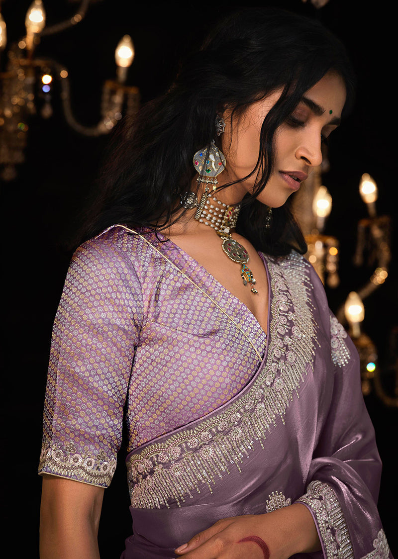 Lilac Tissue Silk Embroidered Saree with Sequins Work