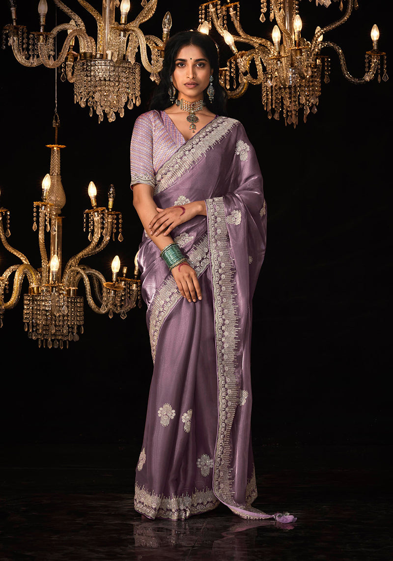 Elegant lilac tissue silk saree with detailed zari and sequins embroidery