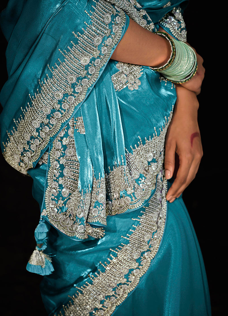 Sky Blue Tissue Silk Saree with Zari Embroidery and Sequins
