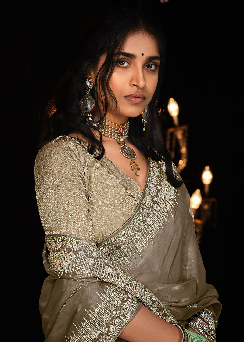 Light Brown Tissue Silk Saree with Zari Embroidery