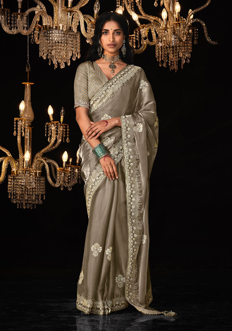 Light brown tissue silk saree with intricate zari embroidery detail
