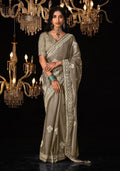 Light brown tissue silk saree with intricate zari embroidery detail