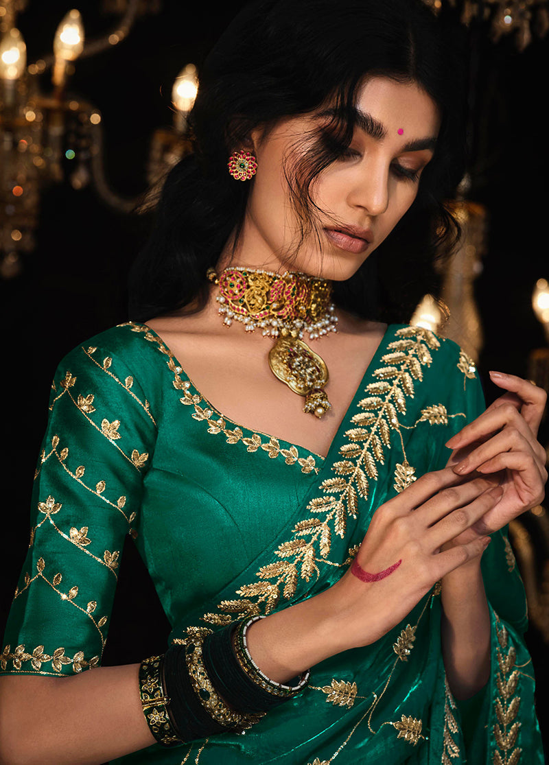 Dark Green Tissue Silk Saree with Zari Embroidery for Women