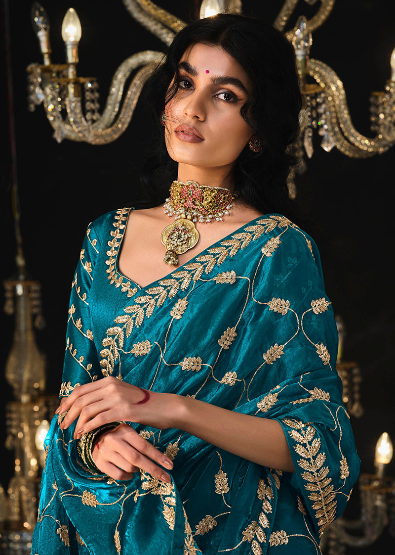 Dark Blue Tissue Silk Trendy Saree with Zari Embroidery