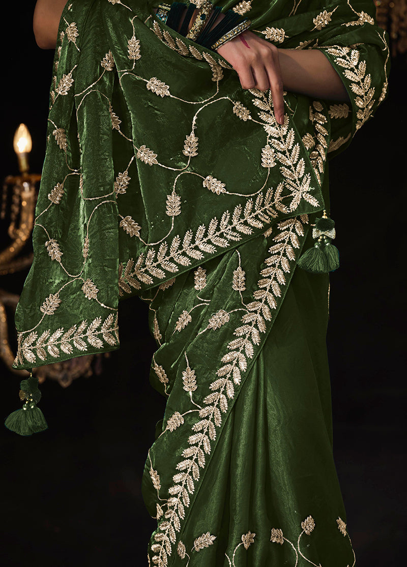 Mehendi Green Tissue Silk Saree with Gold Zari Embroidery