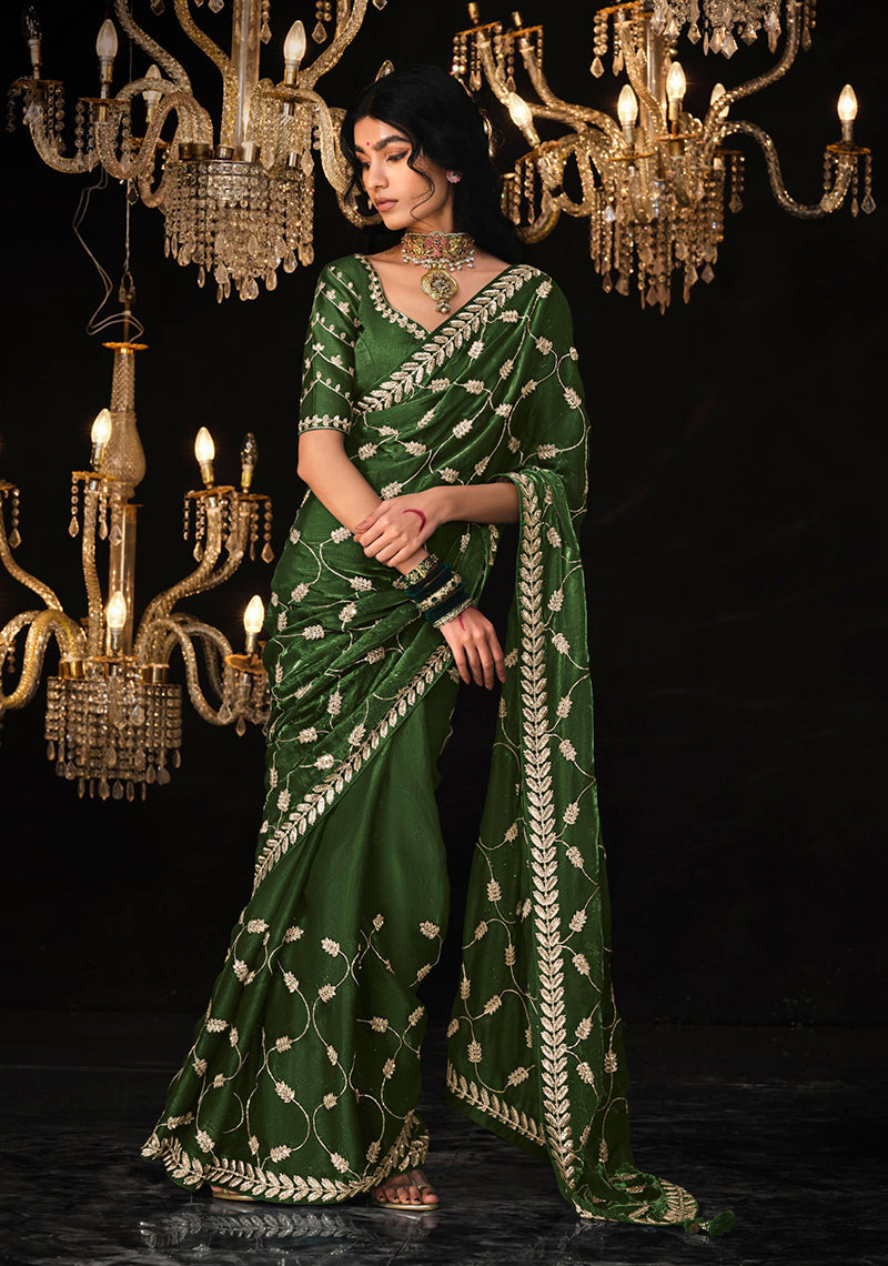 Mehendi green tissue silk saree with gold zari embroidery and sequin embellishments