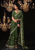 Mehendi green tissue silk saree with gold zari embroidery and sequin embellishments