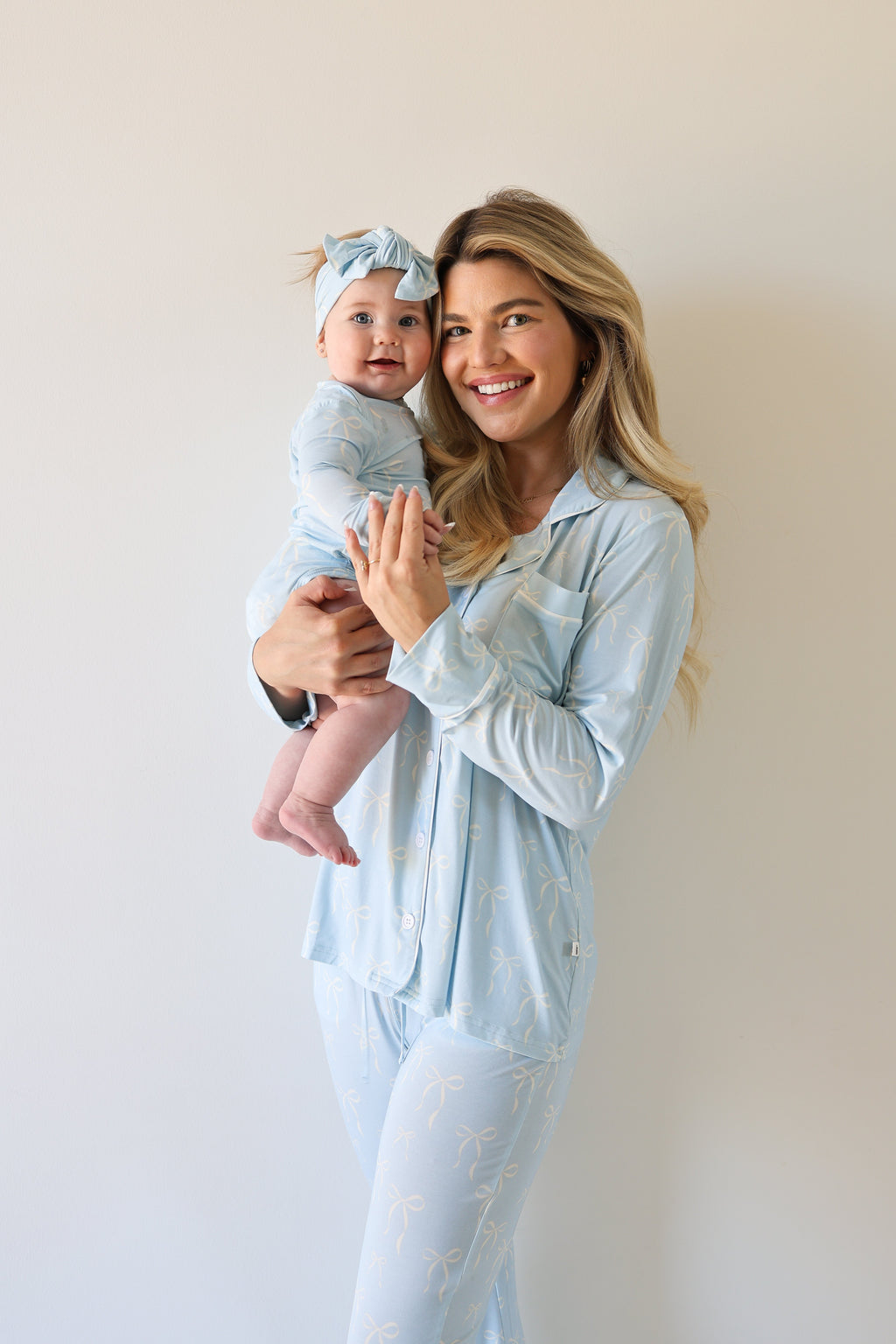 Women's Bamboo Button Up Lounge Set in Blue Bows Pattern
