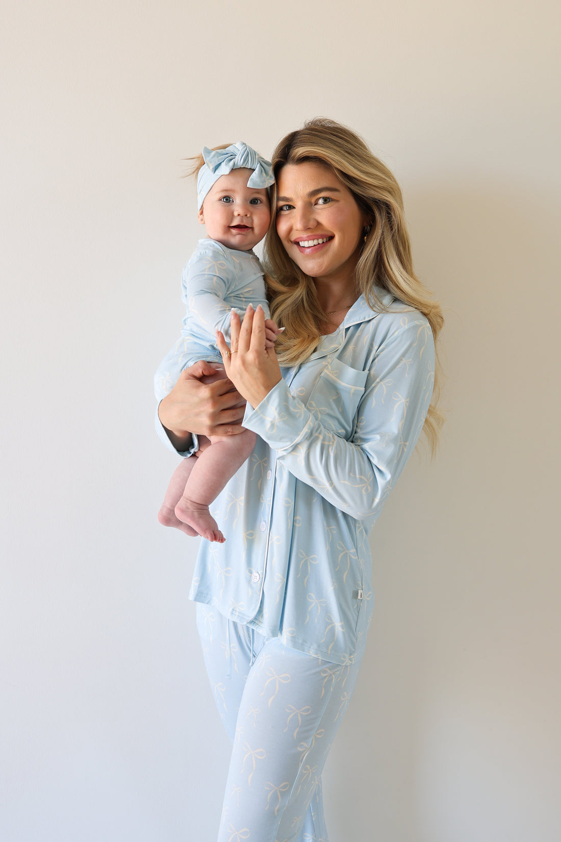 Women's Bamboo Button Up Lounge Set in Blue Bows Pattern