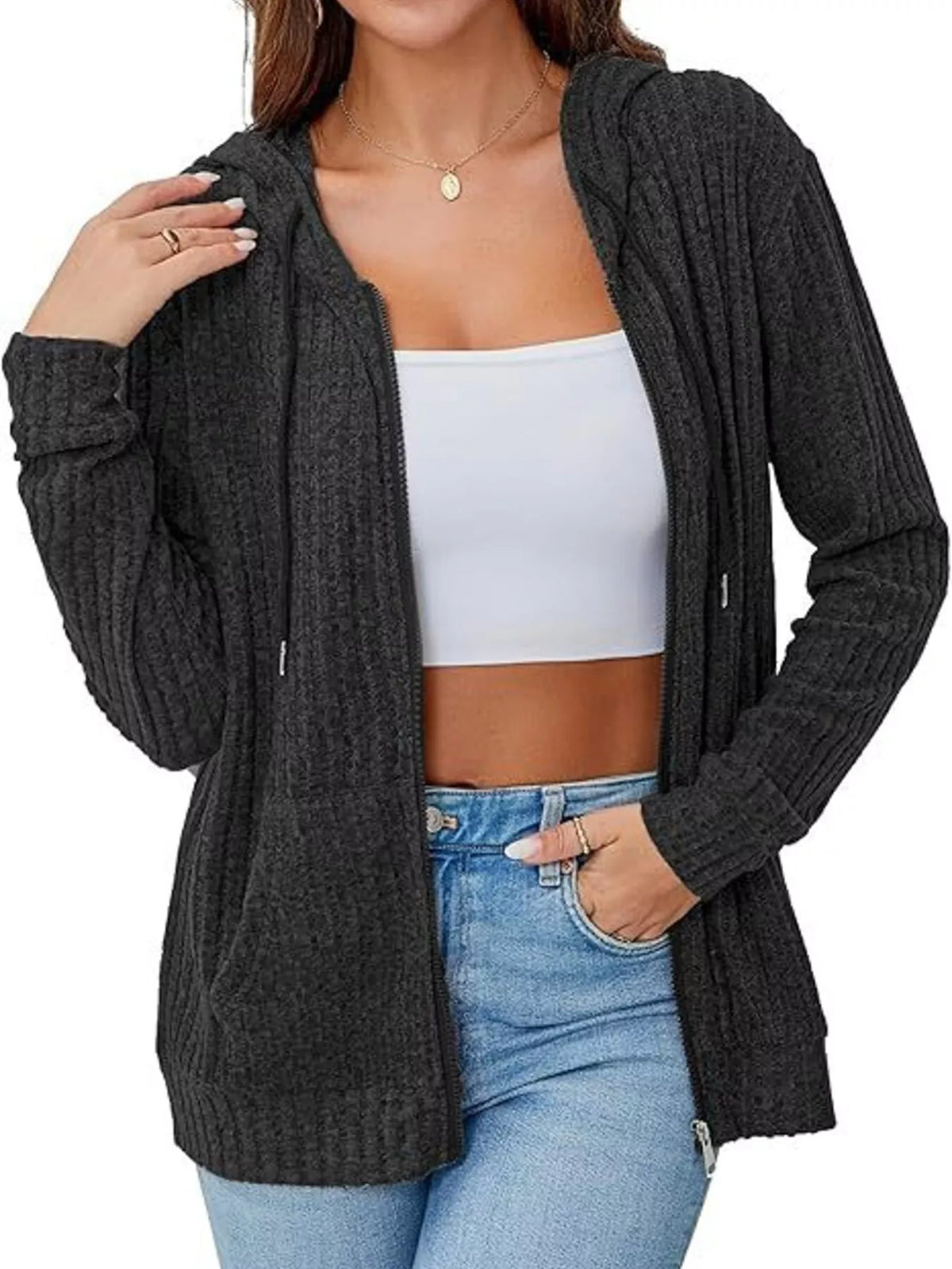 Ribbed Zip Up Hooded Outerwear
