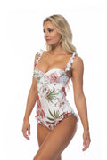 Tropical print one-piece swimsuit with ruffle trim, flutter sleeves, and underwire cups on a white background