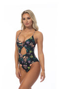 A stylish black floral one-piece swimsuit featuring front twist detail, a keyhole neckline, and a cutout back design.